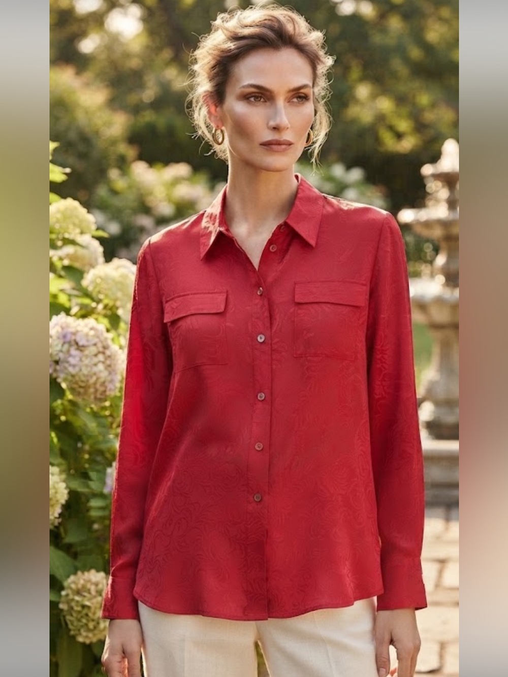 NWOT Chico's Red Jacquard Floral Button-Down Long Sleeve Blouse Shirt